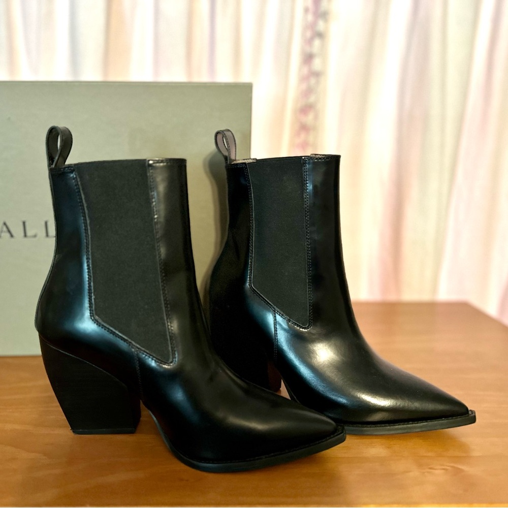 All Saints Women’s Black Leather Pointed Ria Boots, size 8